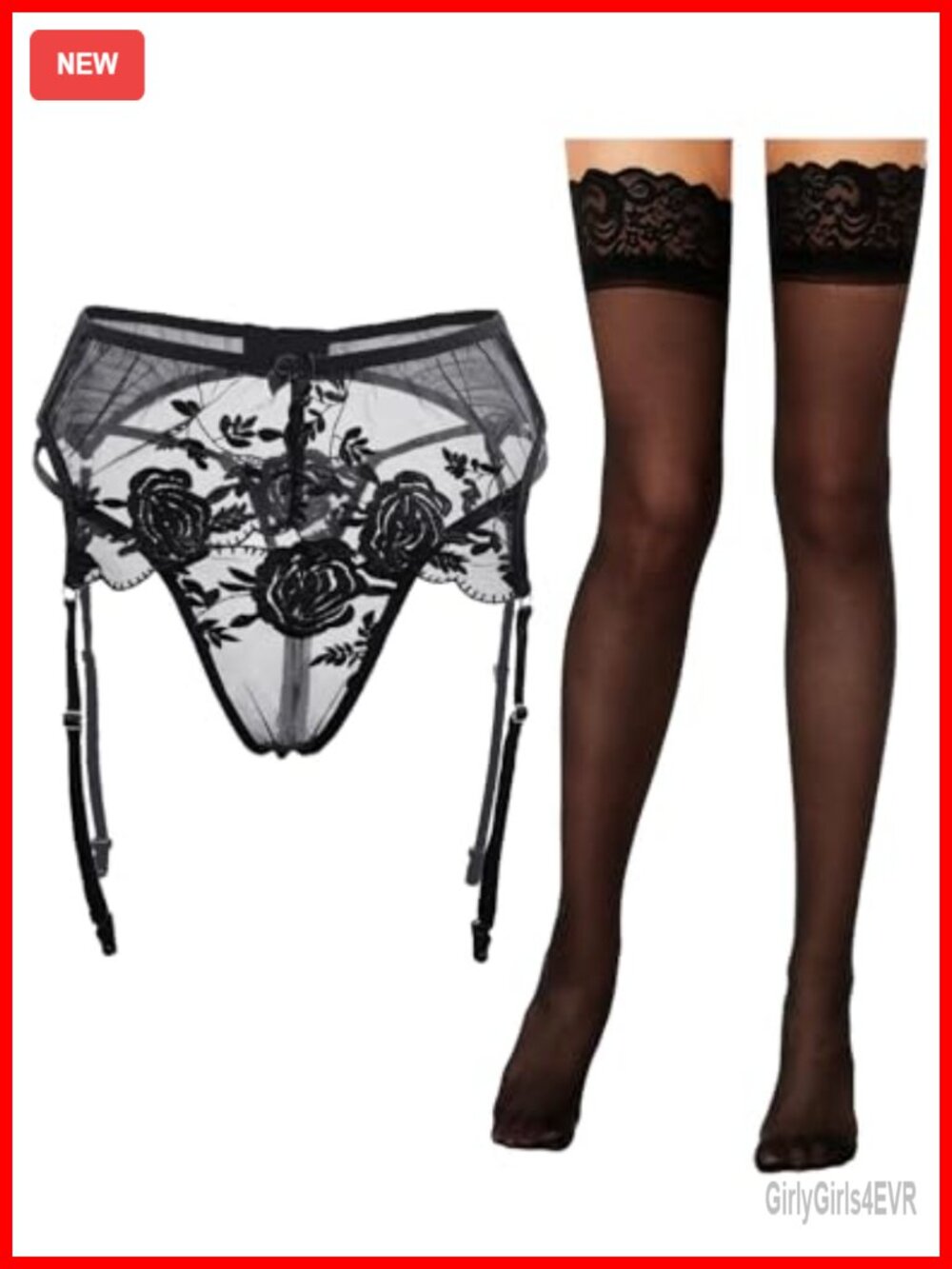 Women's Lace Garter Belt Set with Sheer Thigh High Stockings & Mesh Thong